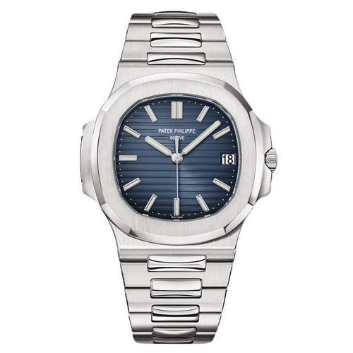 Patek Philippe Nautilus, specifically a stainless steel navy with box men