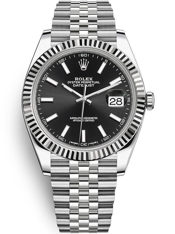 Rolex Datejust 41 black dial, a fluted 18kt white gold bezel, and a stainless steel Jubilee bracelet with box men