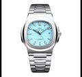 Patek Philippe Nautilus Ref. featuring a distinctive Tiffany & Co. blue with box men