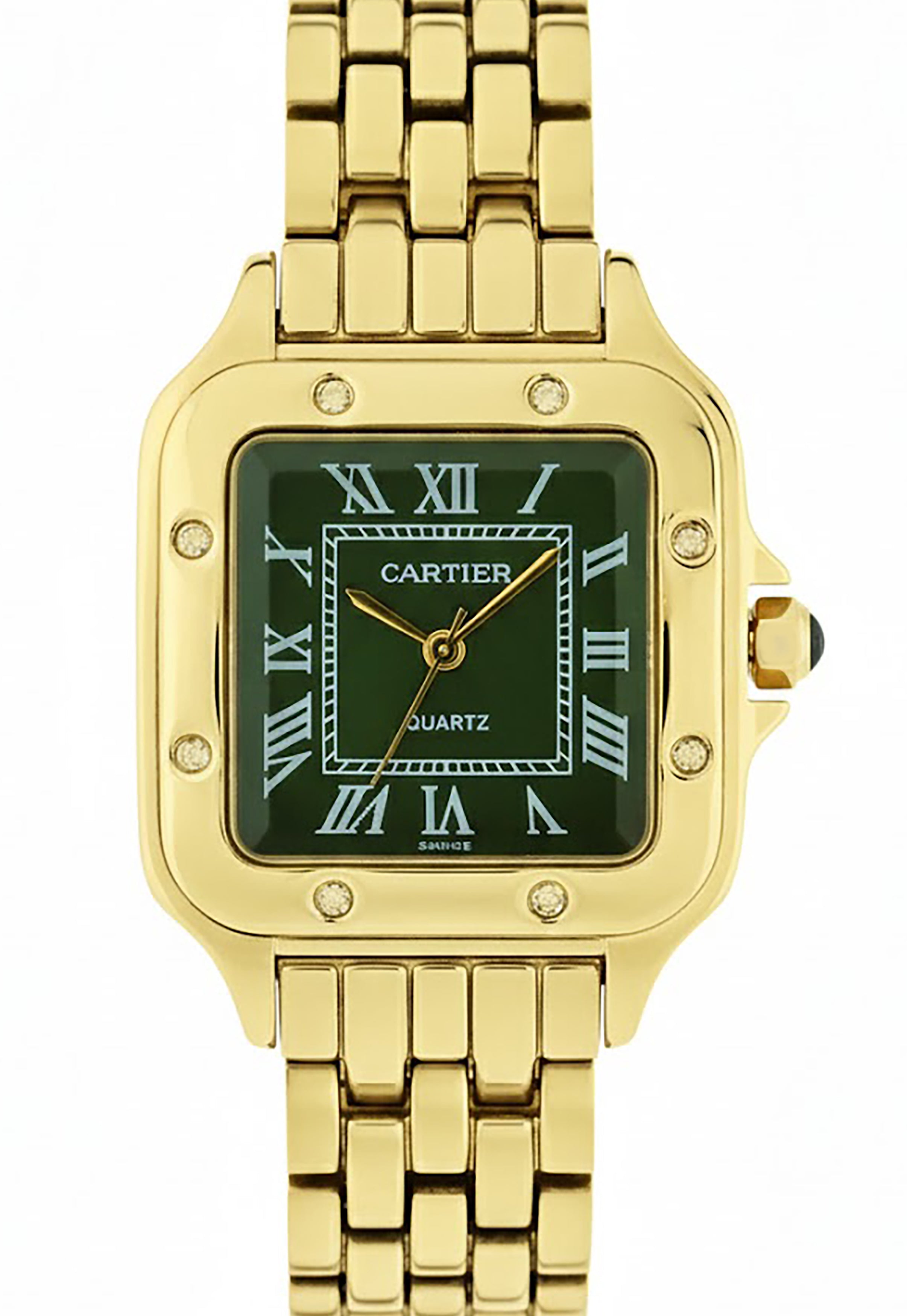 This is a gold-tone Cartier Panthère watch with a green dial and diamond accents W