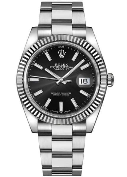 Rolex Datejust 41 black dial, a fluted 18kt white gold bezel, and a stainless steel Jubilee bracelet with box men
