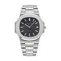Patek Philippe Nautilus, specifically a stainless steel black with box men