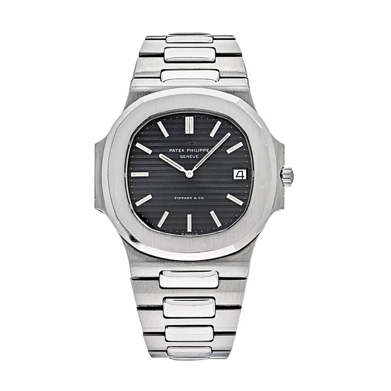 Patek Philippe Nautilus, specifically a stainless steel black with box men