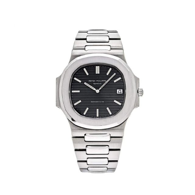 Patek Philippe Nautilus, specifically a stainless steel black with box men