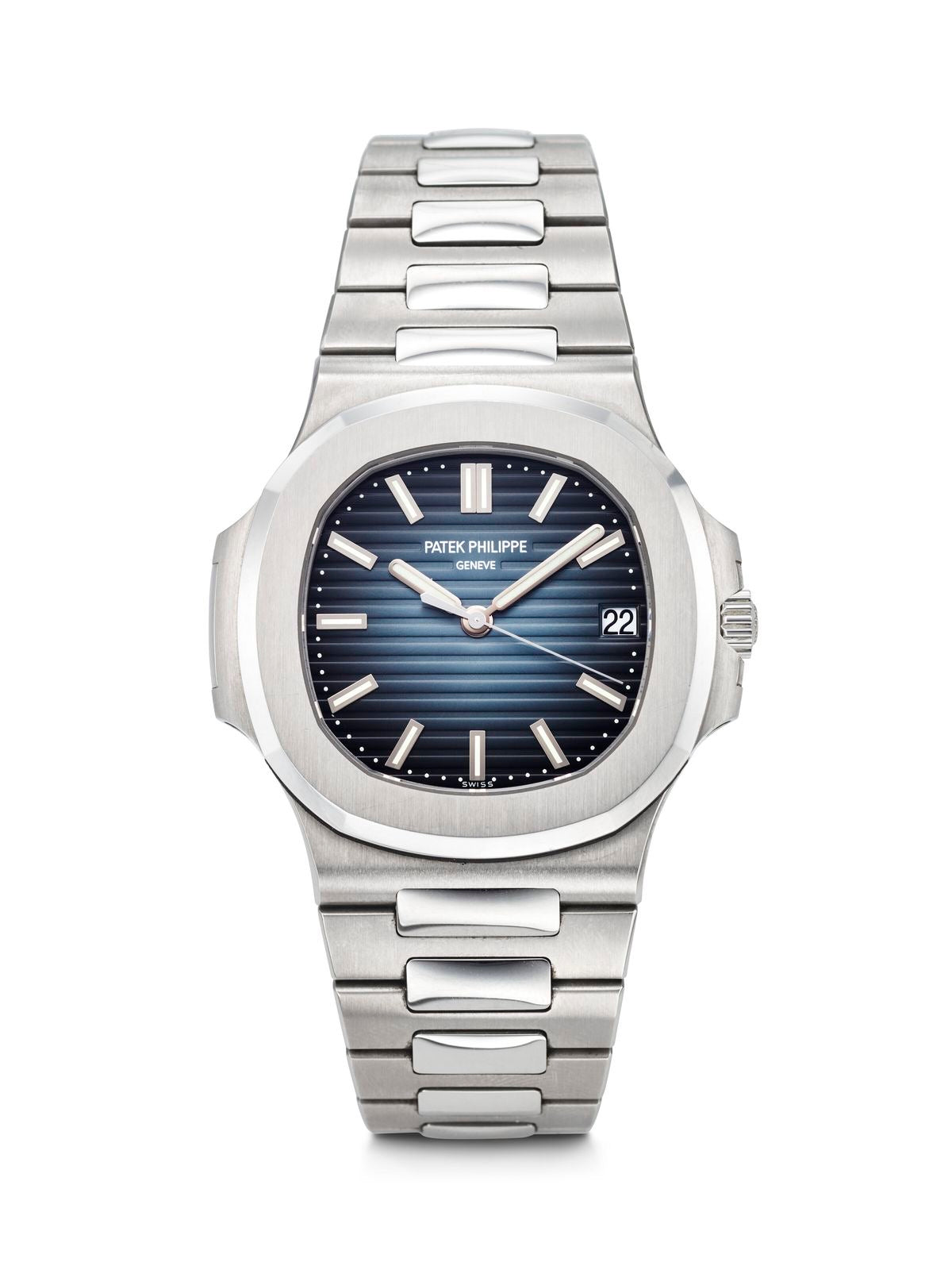 Patek Philippe Nautilus, specifically a stainless steel navy with box men