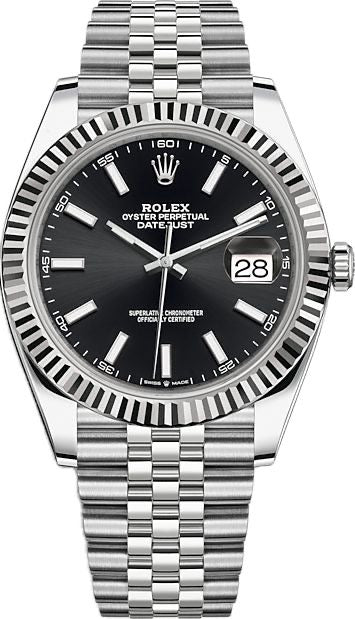 Rolex Datejust 41 black dial, a fluted 18kt white gold bezel, and a stainless steel Jubilee bracelet with box men