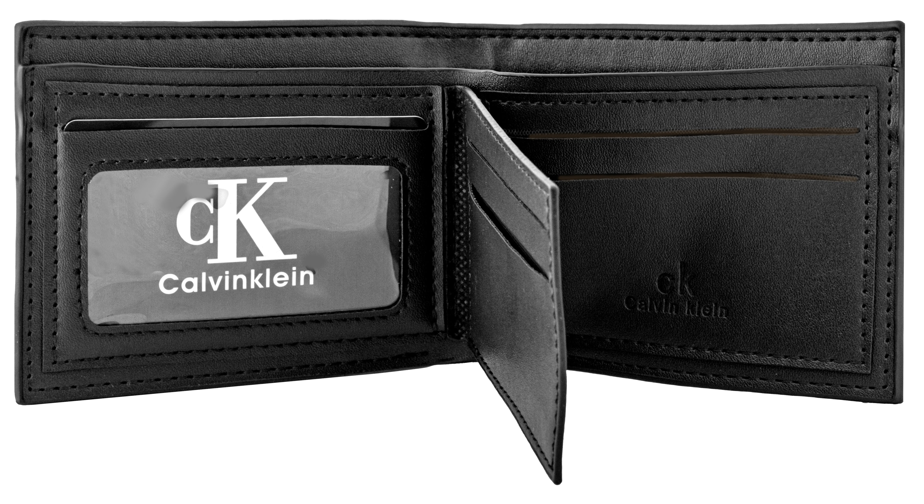 Calvin Klein features an all-over embossed CK monogram pattern on smooth black leather