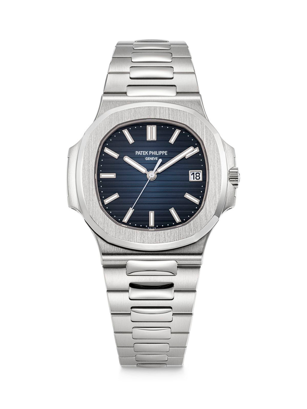 Patek Philippe Nautilus, specifically a stainless steel navy with box men