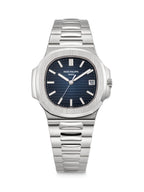 Patek Philippe Nautilus, specifically a stainless steel navy with box men