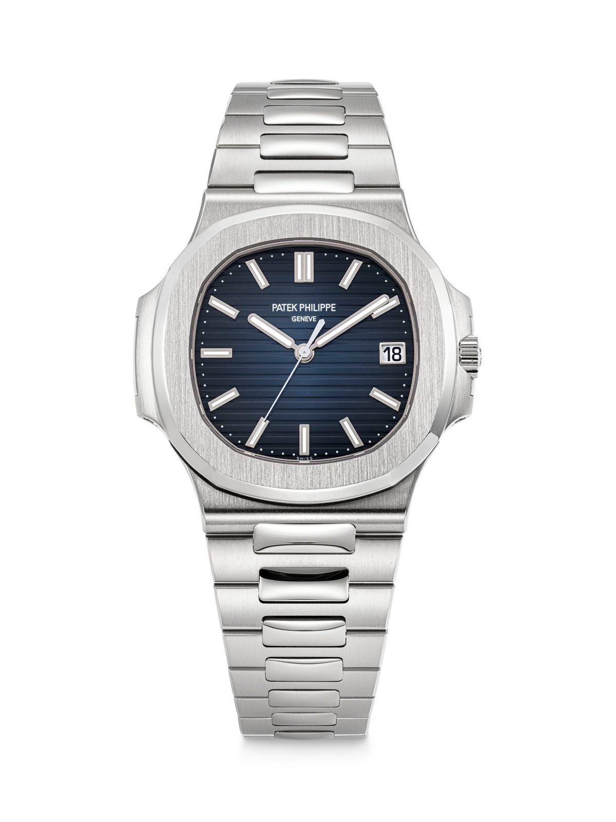 Patek Philippe Nautilus, specifically a stainless steel navy with box men