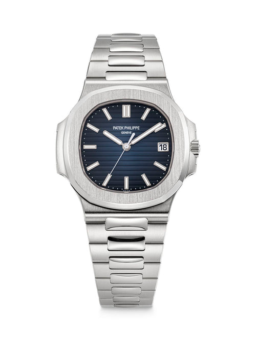 Patek Philippe Nautilus, specifically a stainless steel navy with box men