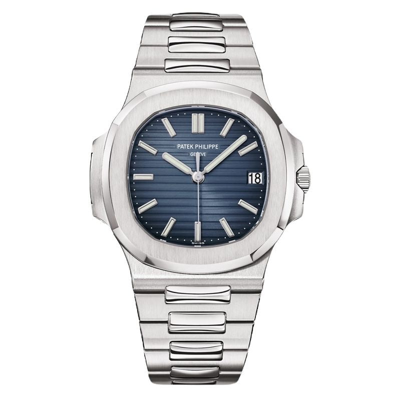 Patek Philippe Nautilus, specifically a stainless steel navy with box men