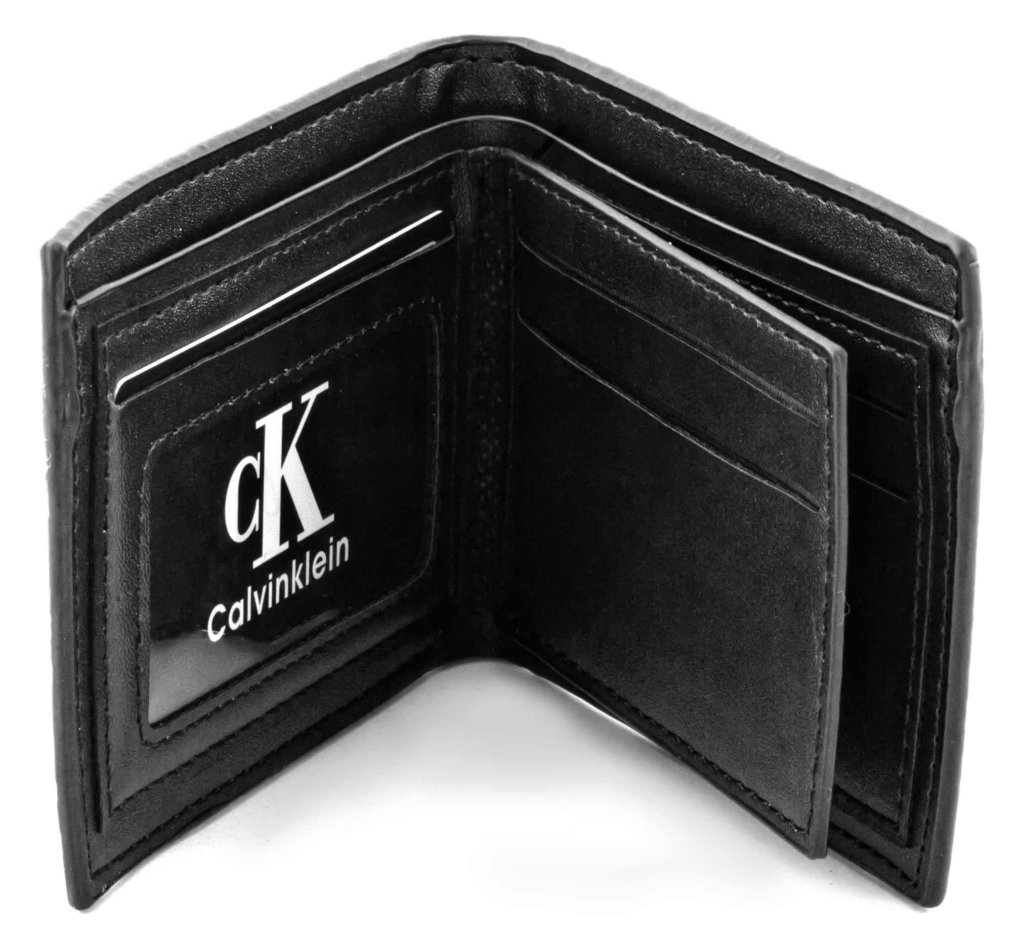 Calvin Klein features an all-over embossed CK monogram pattern on smooth black leather