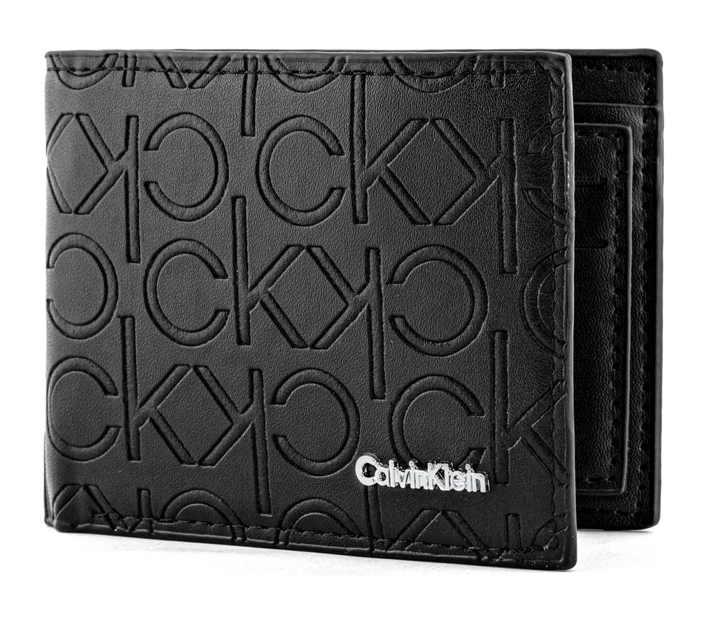 Calvin Klein features an all-over embossed CK monogram pattern on smooth black leather