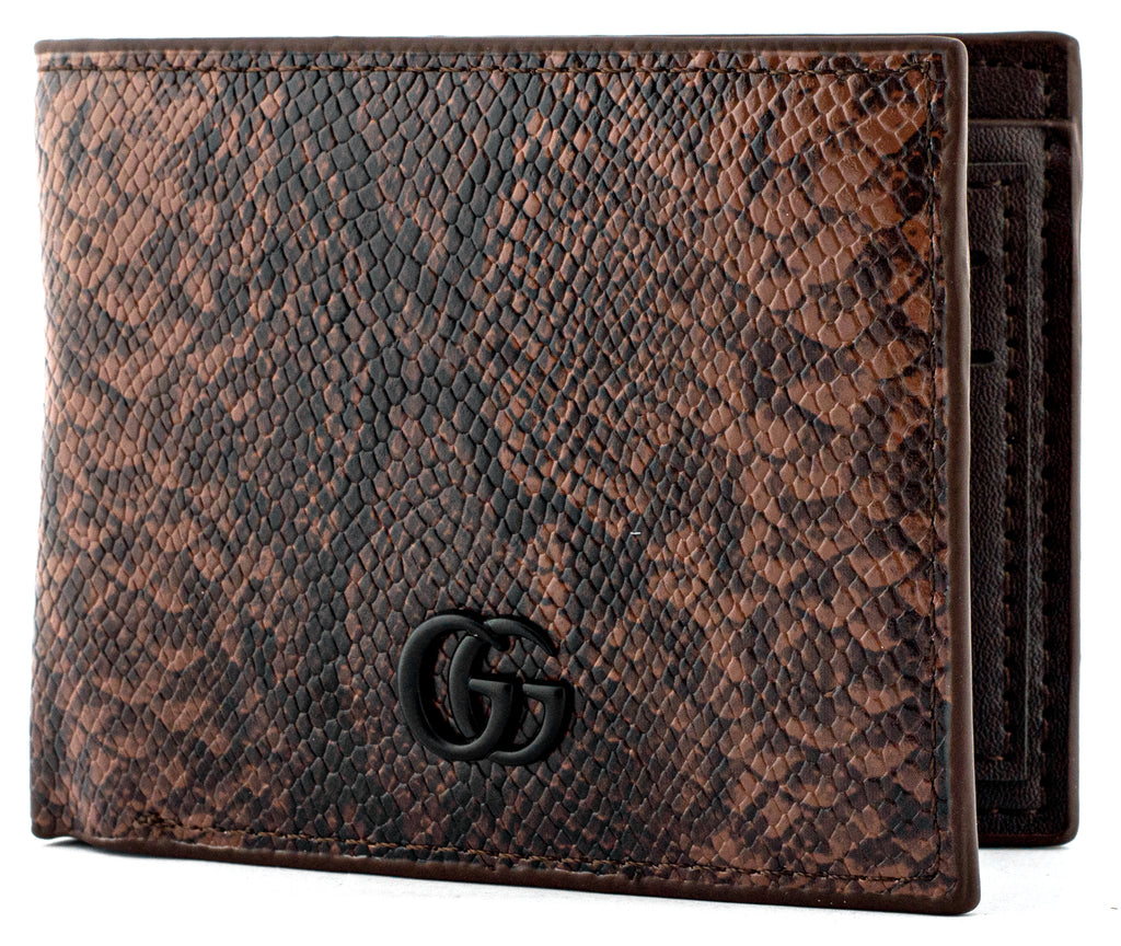 GUCCI features a premium snake-pattern leather design in rich brown