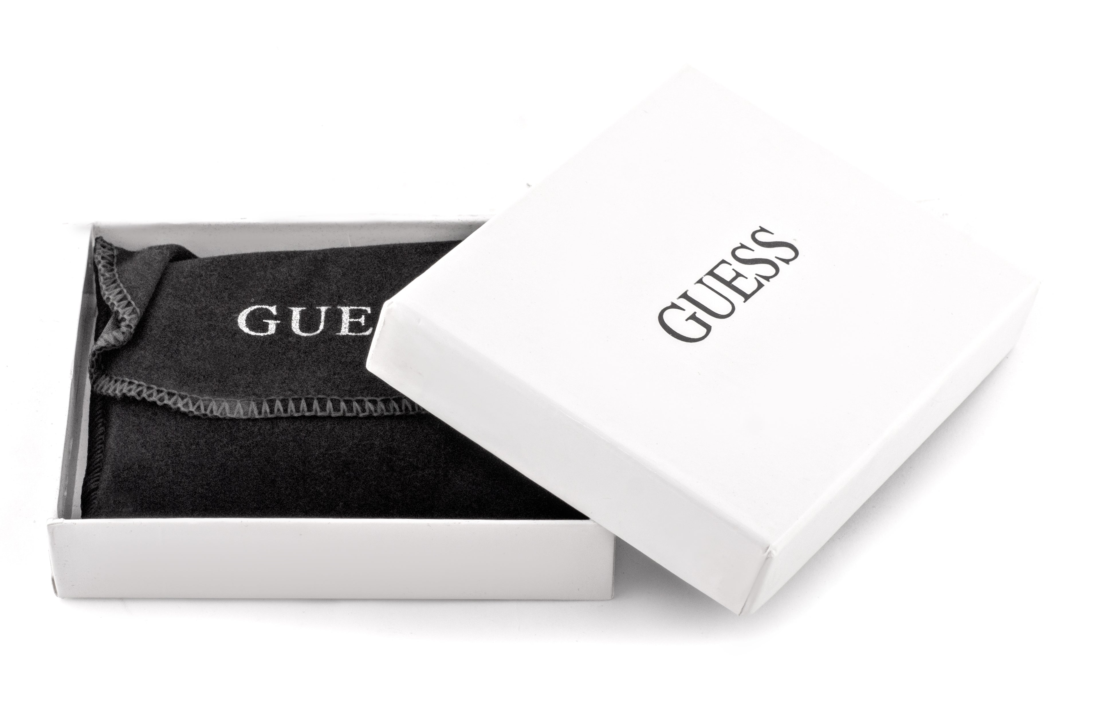 GUESS leather wallet combines a sleek black exterior with iconic silver