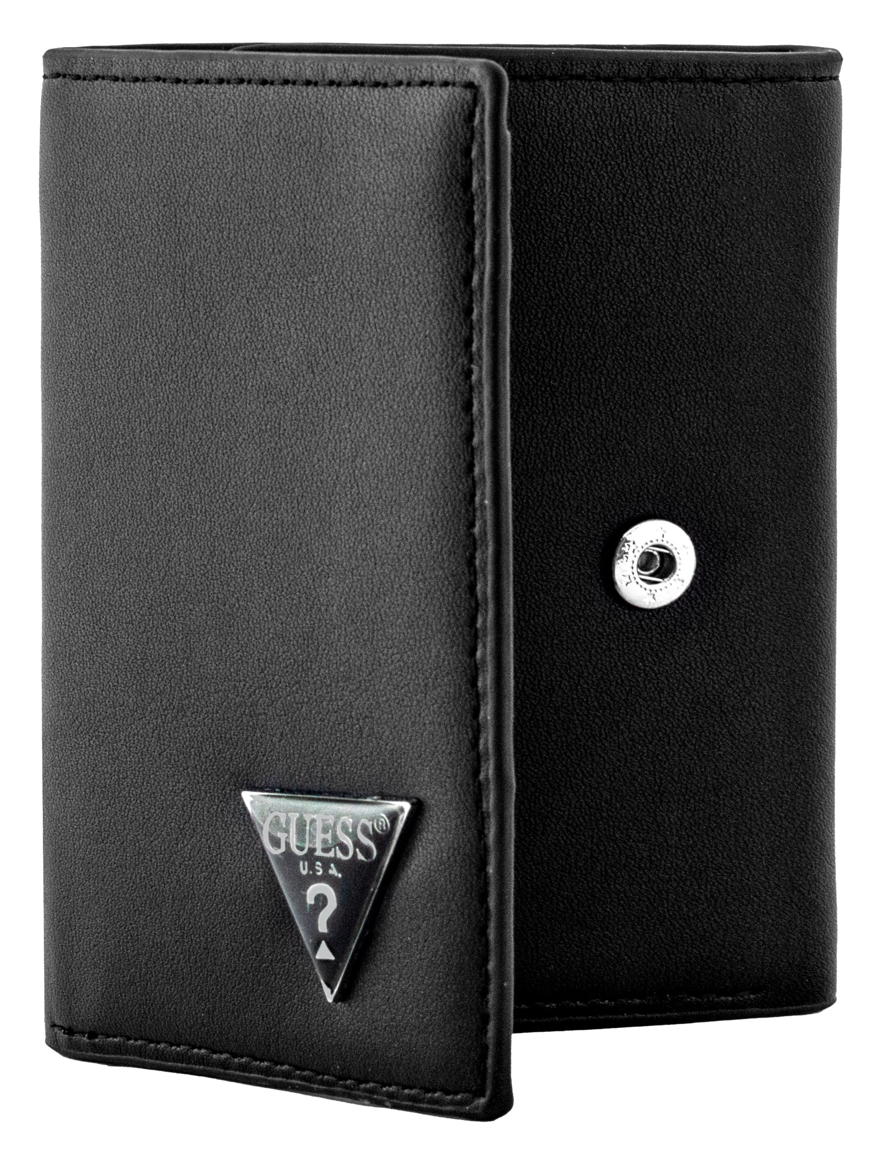 GUESS leather wallet combines a sleek black exterior with iconic silver