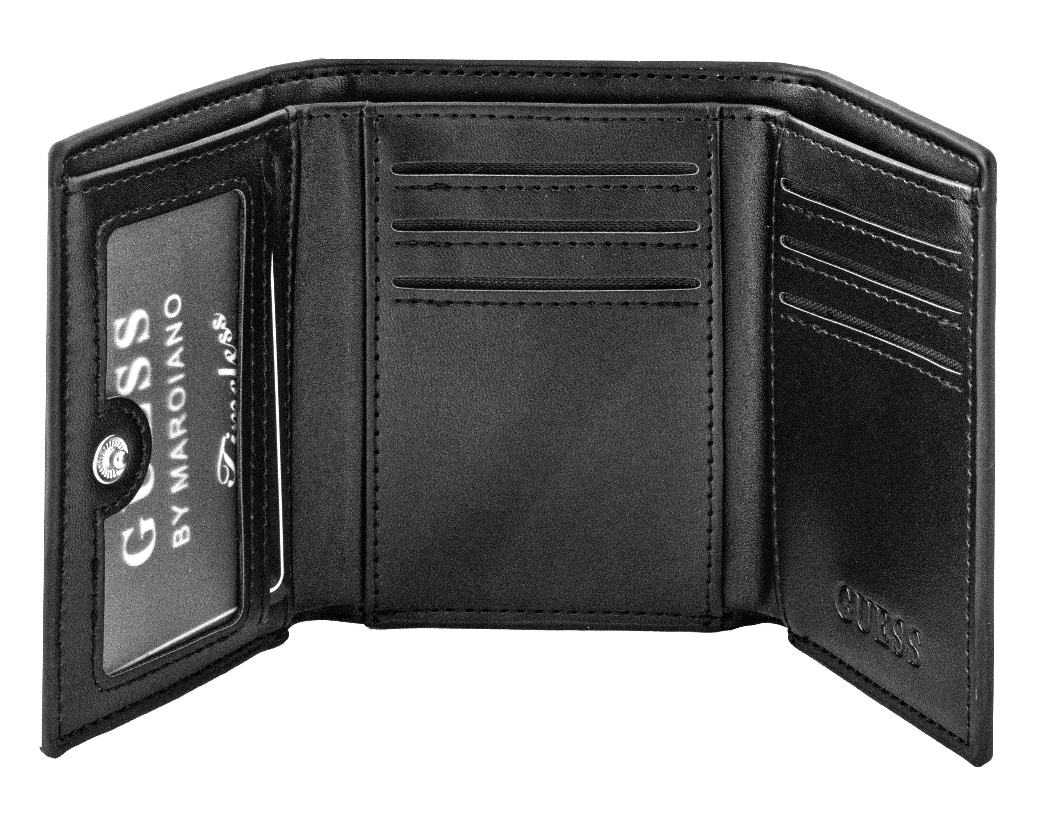 GUESS leather wallet combines a sleek black exterior with iconic silver
