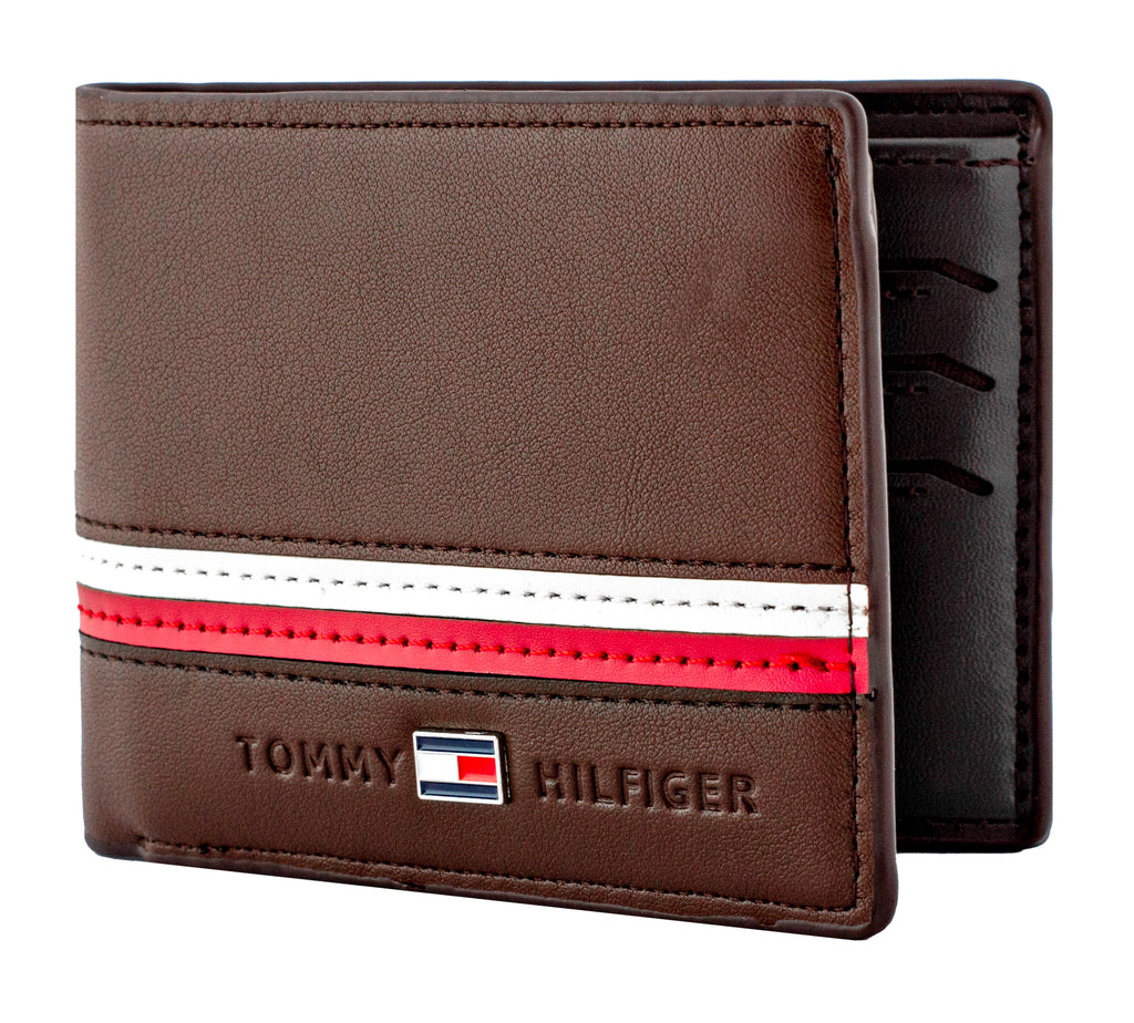 wallet features a rich brown leather