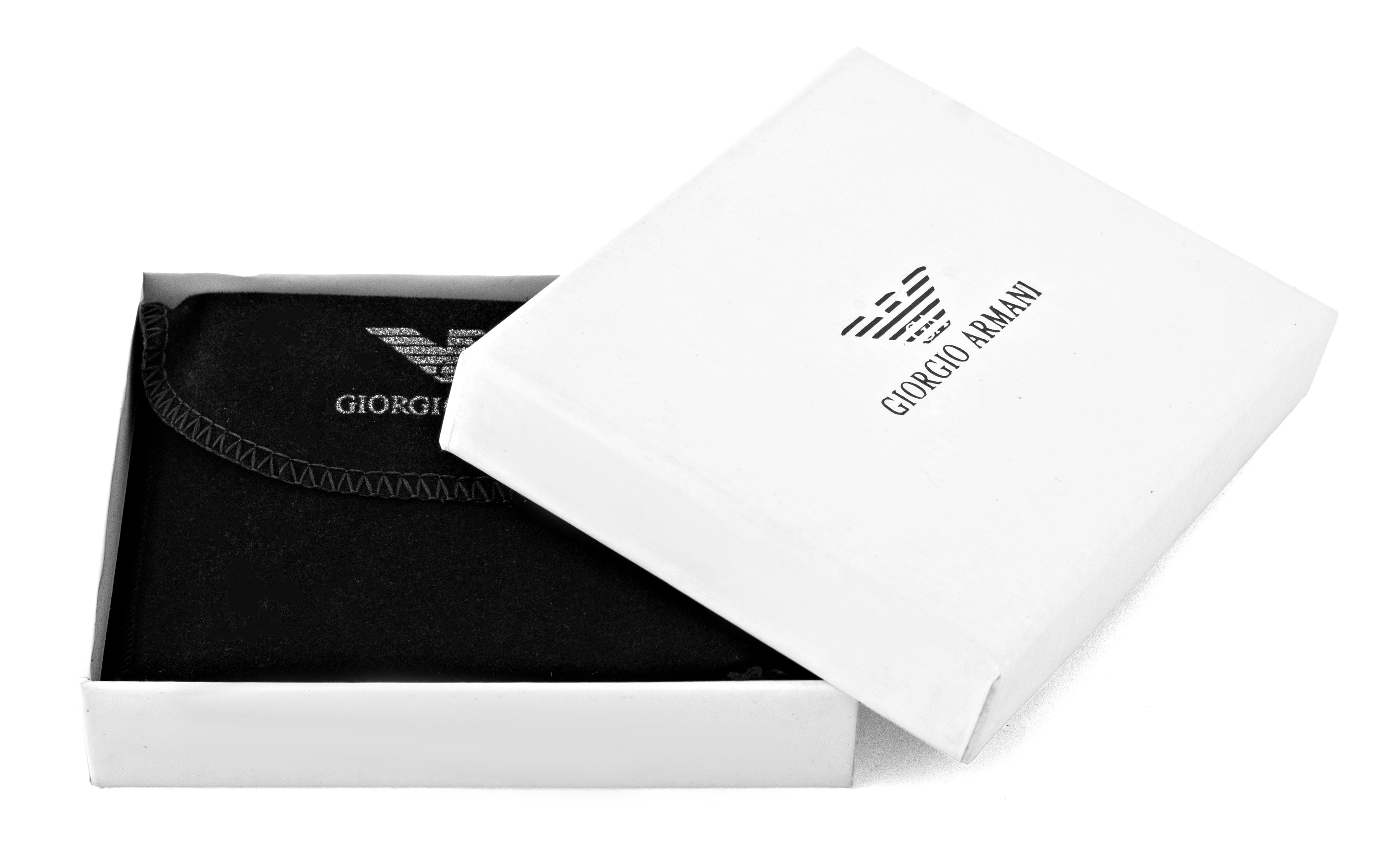 Emporio Armani features a sleek smooth black leather