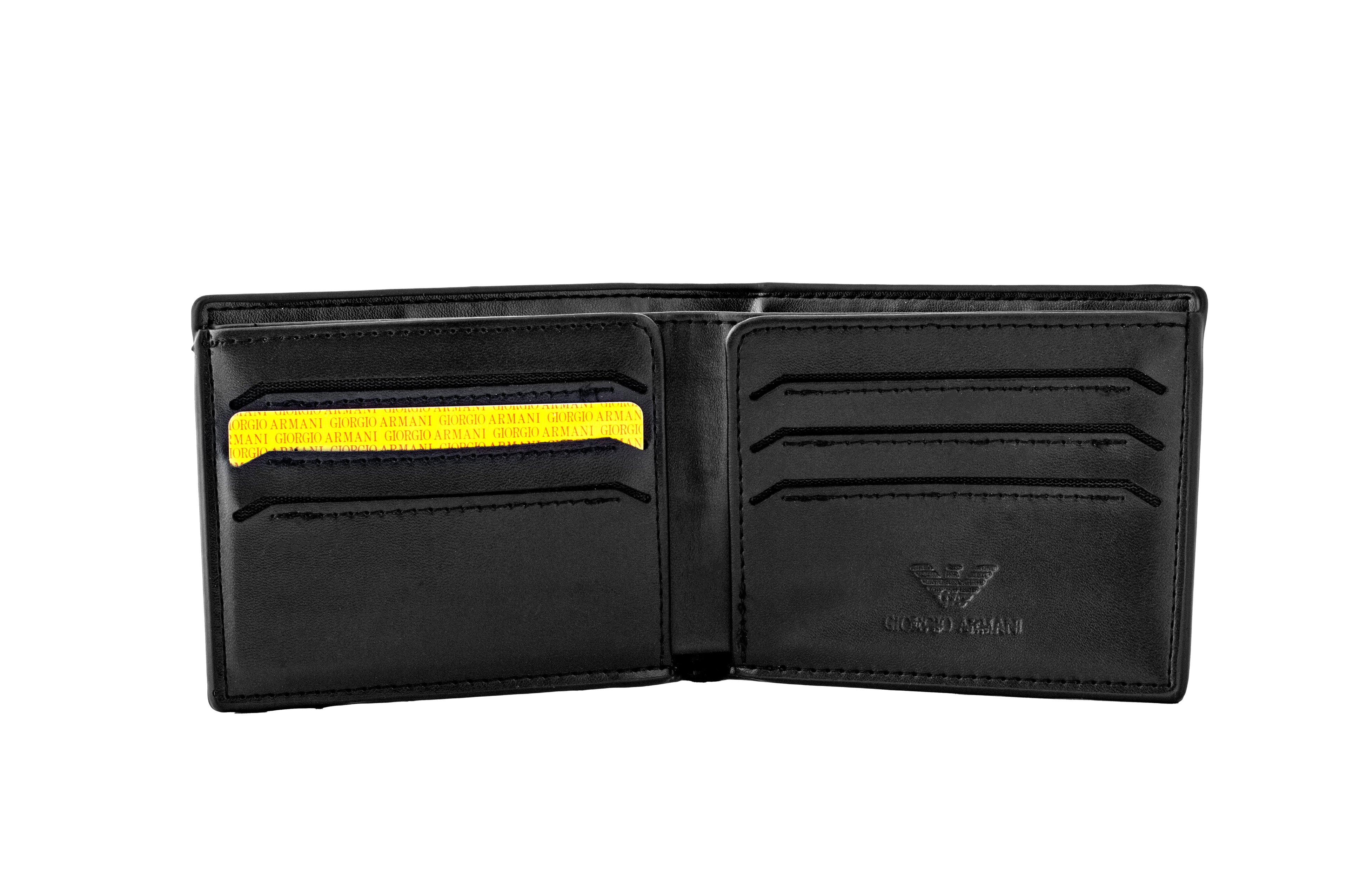 Emporio Armani features a sleek smooth black leather