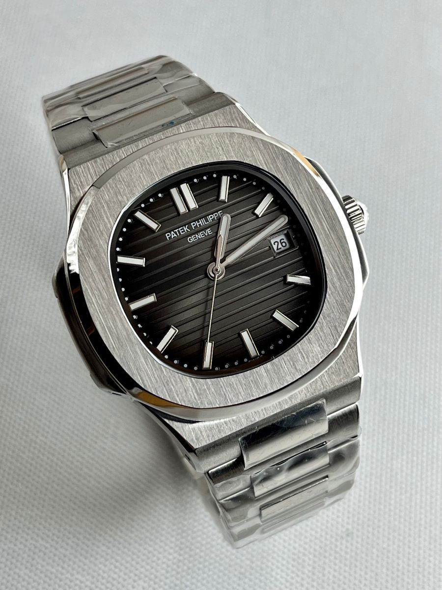 Patek Philippe Nautilus, specifically a stainless steel black with box men