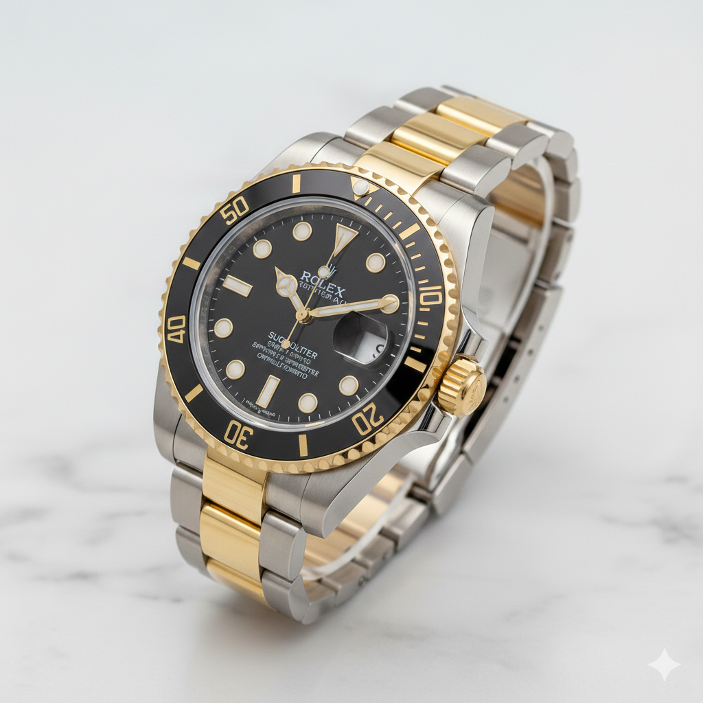 Rolex Submariner Date, featuring a 40mm stainless steel and 18k yellow gold with box men