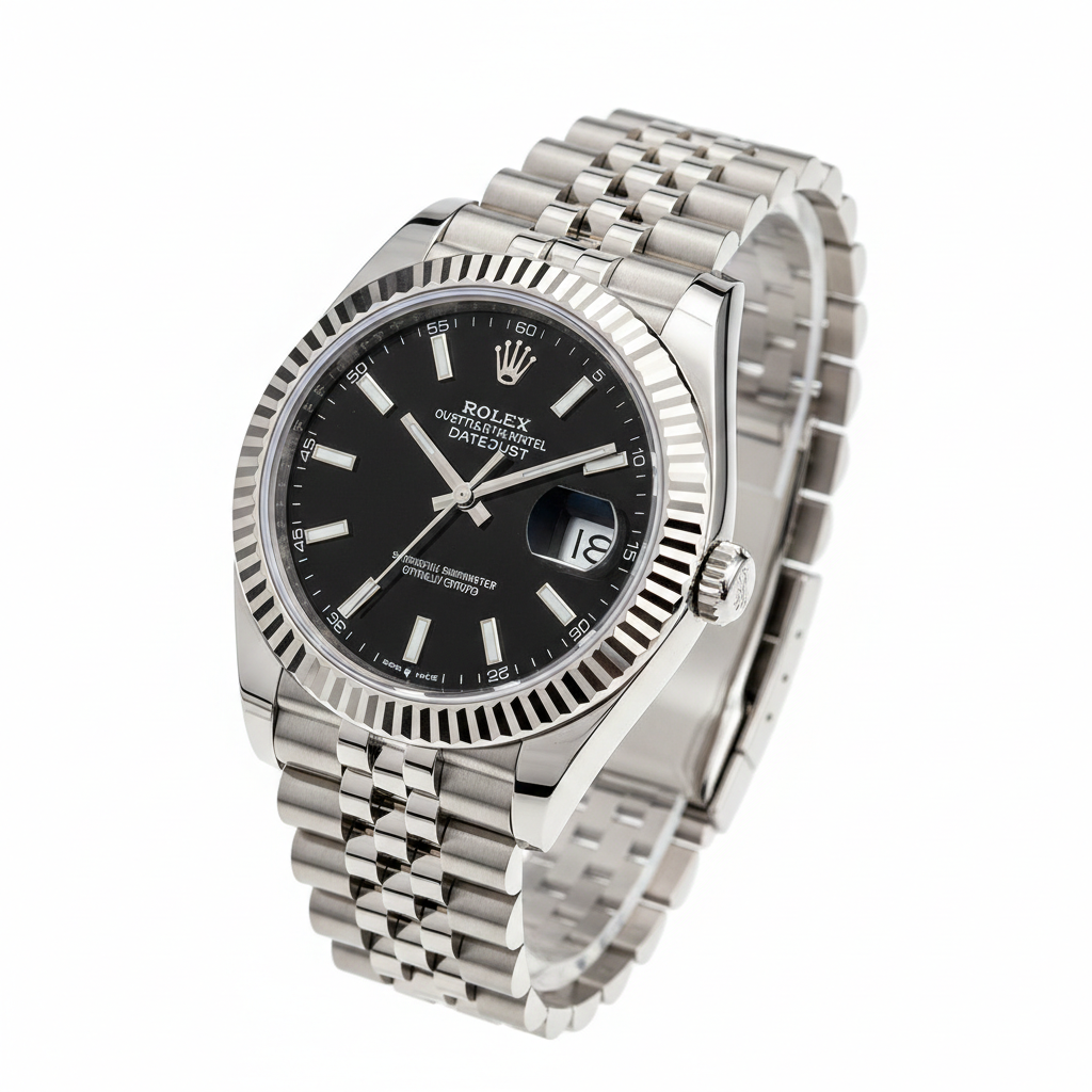 Rolex Datejust 41 black dial, a fluted 18kt white gold bezel, and a stainless steel Jubilee bracelet with box men